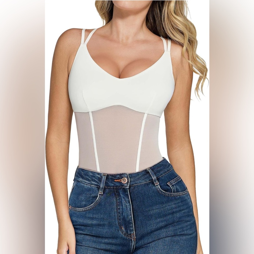 Popilush Mesh Shapewear Bodysuit Tummy Control Corset Top Double Spaghetti Strap